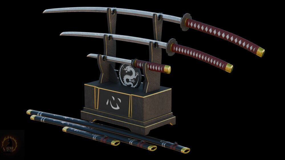 真实日本武士刀套装武器包3D模型- 下载Bladed Weapon 开启3DModels.org
