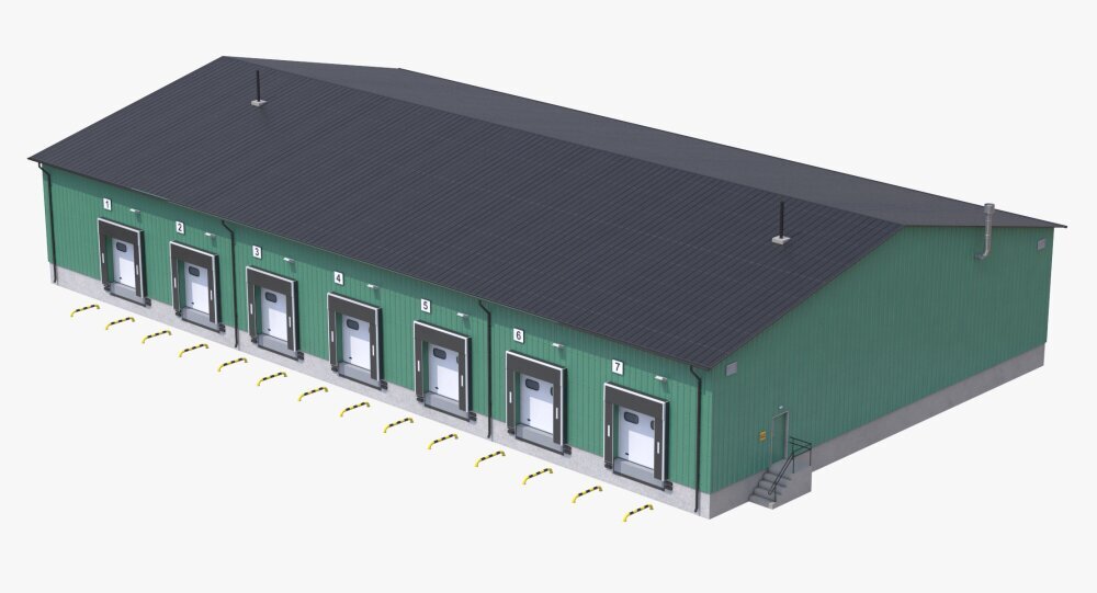 Warehouse Facility with Loading Bays and Green Exterior 3D модель ...
