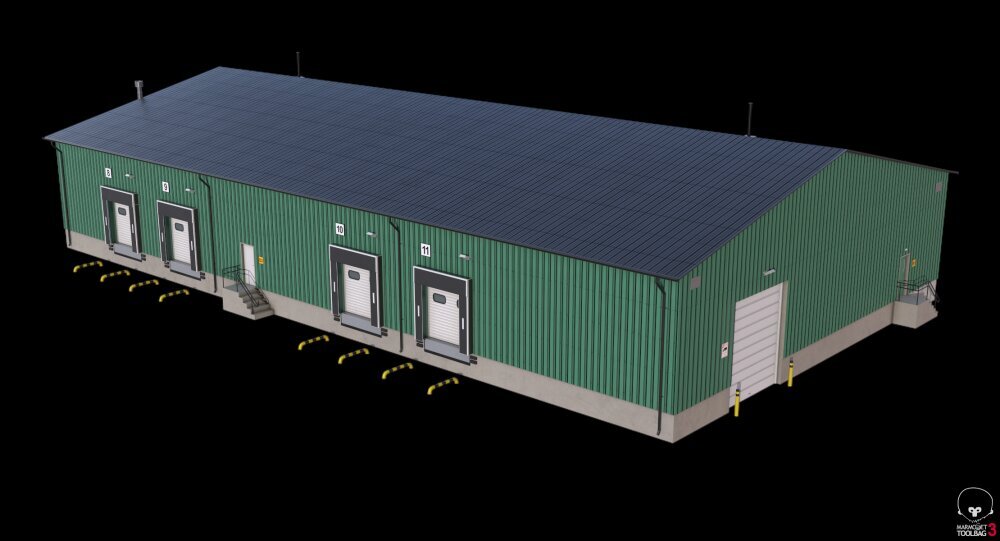 Warehouse Facility with Loading Bays and Green Exterior 3D model ...