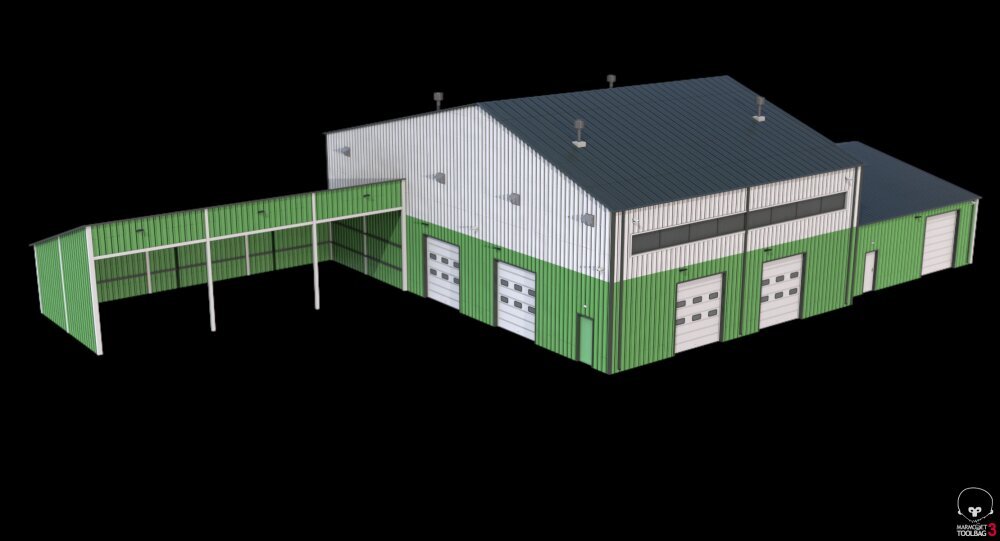 Industrial Warehouse Complex with Attached Green Loading Bay 3D model ...