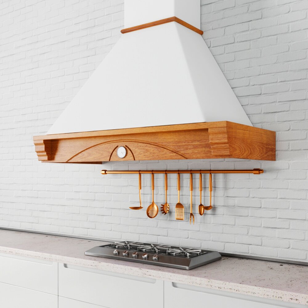 Wooden Kitchen Range Hood with Utensil Rack 3D model - Download Home ...