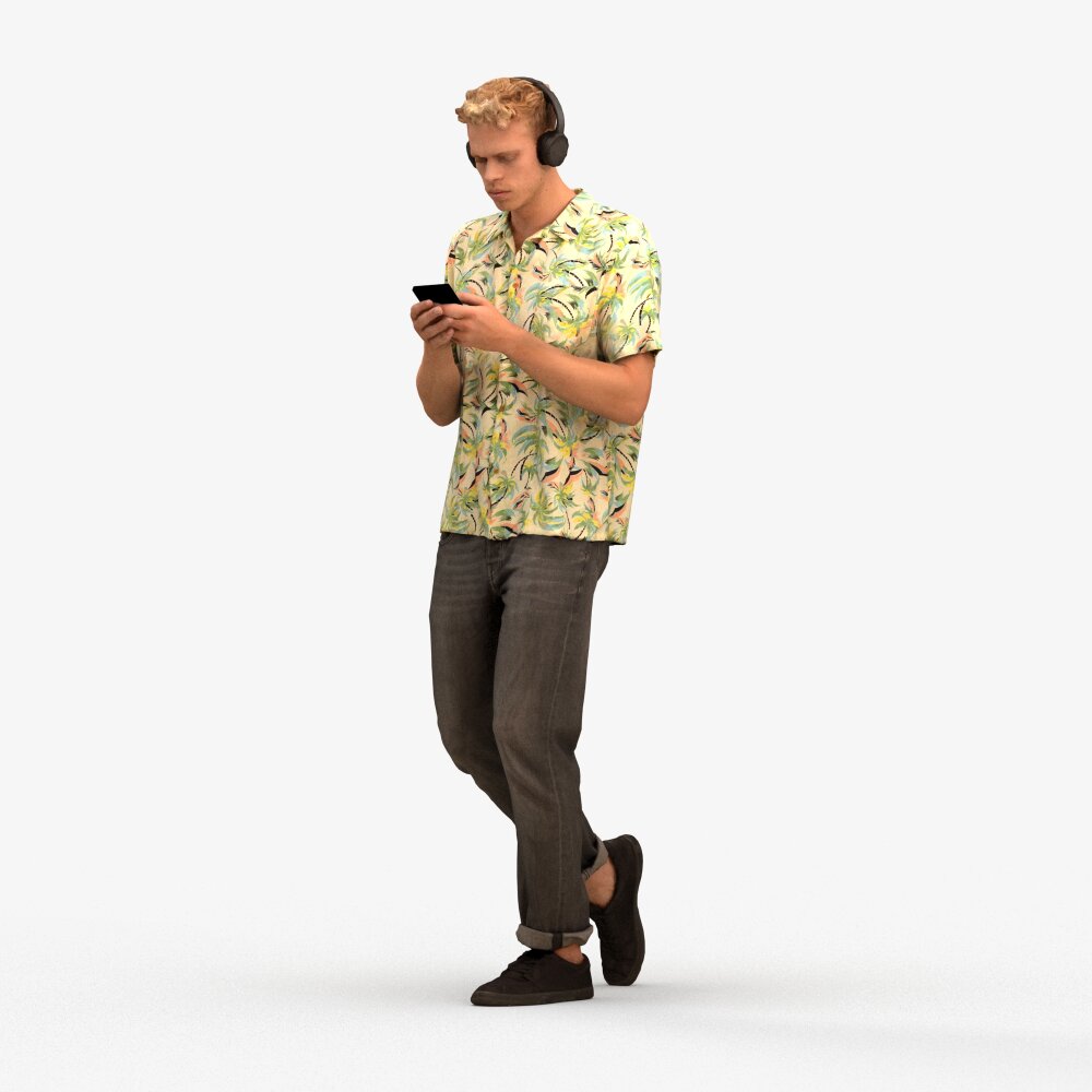 Person Wearing Tropical Shirt with Headphones and Smartphone 3D model ...