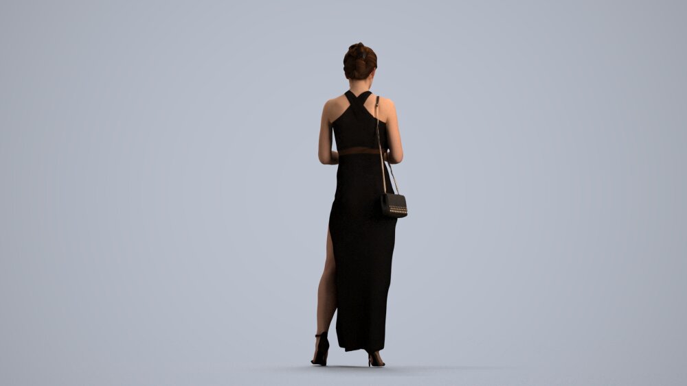 Babae sa Itim na Damit na May Crossed Halter Neck at Mataas na Slit 3D ...