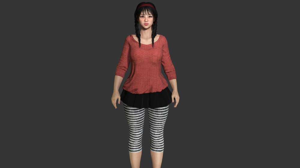 戴红色发带的逼真亚洲女孩 3D模型 - 下载 Character on 3DModels.org