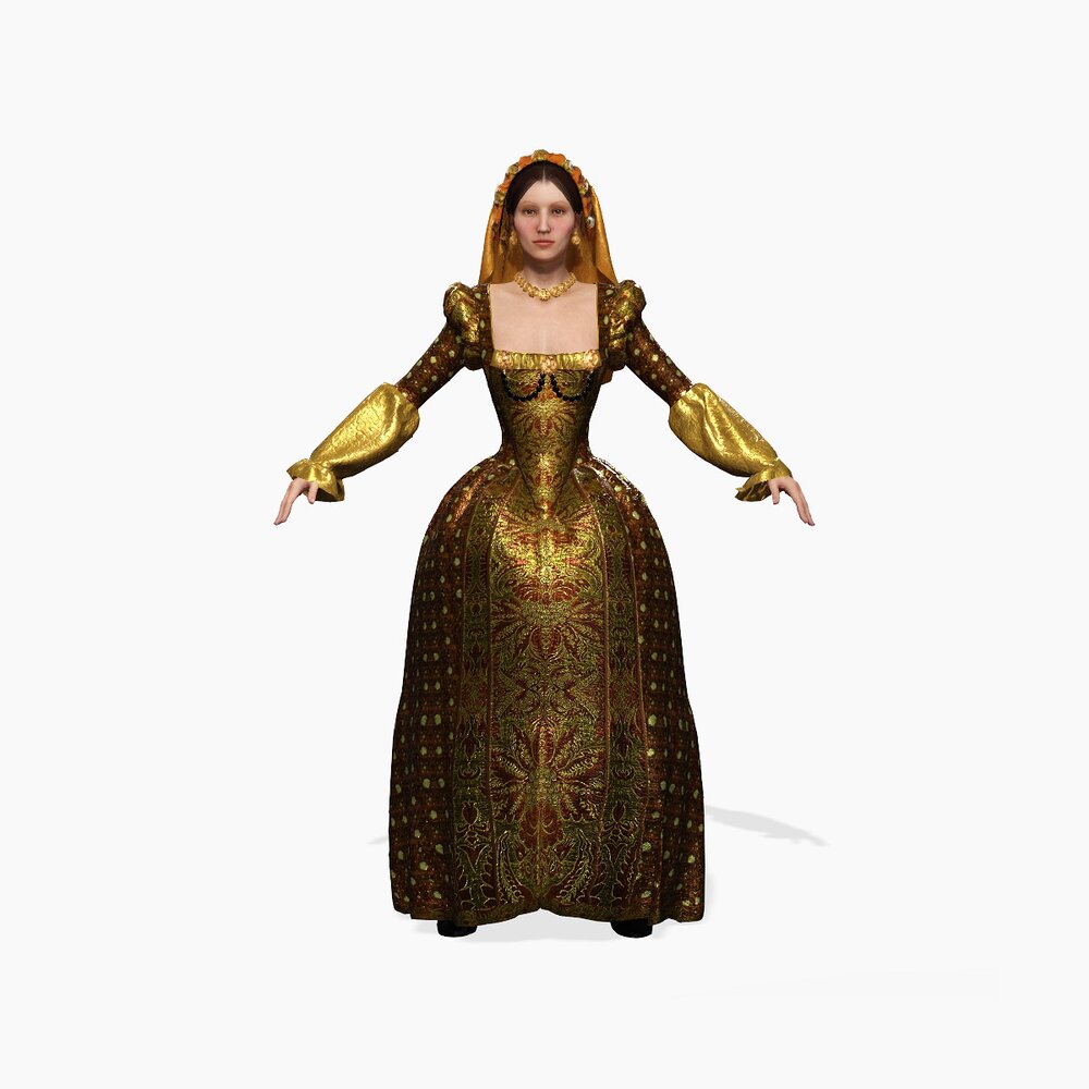 Renaissance Noblewoman Character in Gold Embroidered Gown 3D model -  Download People on 3DModels.org