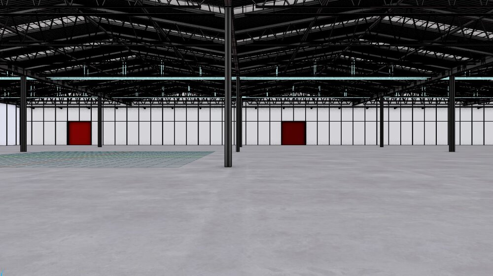 Warehouse Interior with Steel Racks and Red Loading Doors 3D model ...
